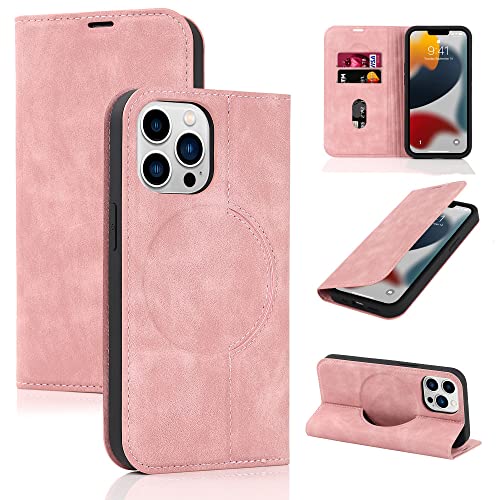 Étui portefeuille cuir iPhone 13 Pro Max rose béquille charge sans fil