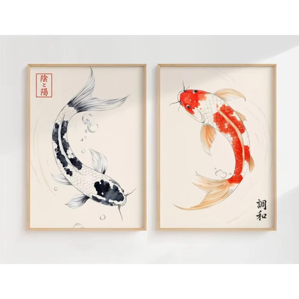 XIANGPEIFBH Japanese Koi Fish Posters,Minimalist Art Zen Water Painting,Japanese Decor,Living Room Bedroom Home Art Decoration((30x40cm/12x16in) x2/Unframed)