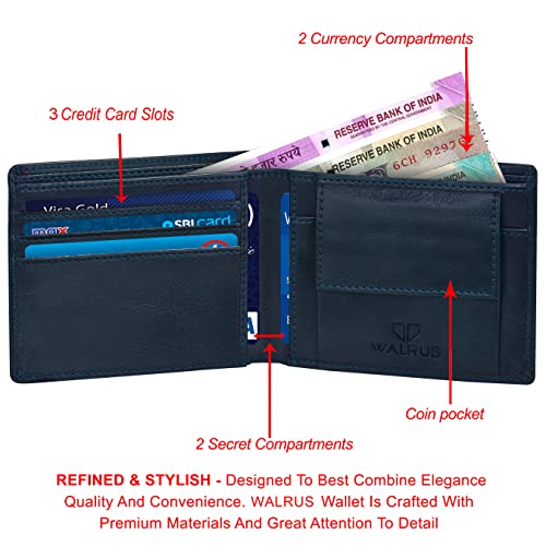Image of Walrus Blue Color Vegan Leather Bi-Fold Men's Wallet with RFID Protection - Wallet for Men - 3 Card Pockets, Coin Pocket, Lightweight- Men's Purse for Gift