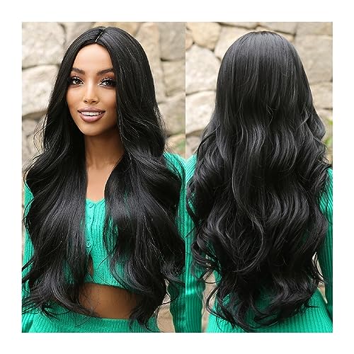 Perruque femme longue noire synthétique vague sombre naturelle résistante