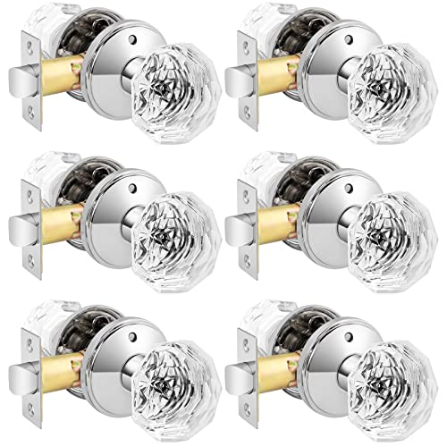 Orger 6 Pack Privacy Door Knobs, Clear Glass Door Handles Polished Chrome with Zinc Alloy Round Rosette, Crystal Interior Door Handles for Bed/Bathroom
