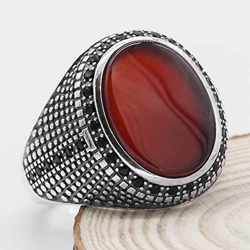S925 sterling silver simple men's ring inlaid with red natural agate stone suitable for daily wear 7-13 sizes2