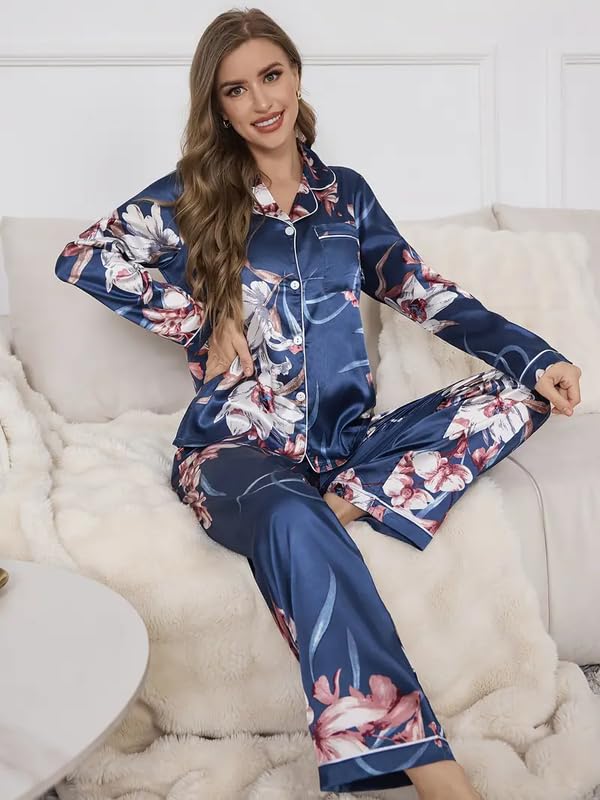Image of Night Suit for Women with Full Sleeve Button-Down Top with Pant Dress for Woman, Night Dress for Woman, Cotton Two-Piece Loungewear Set