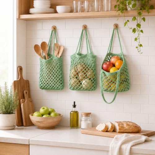 Image of Honeydak 3 Hanging Baskets, Sage Green, Mesh, Cotton Rope