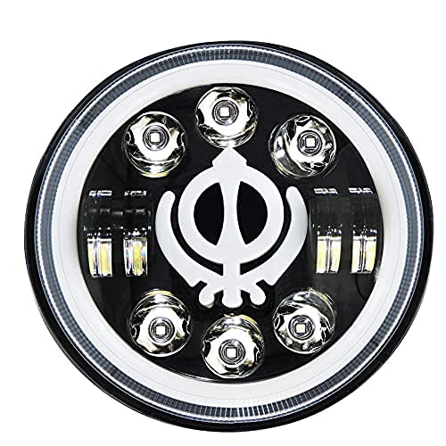 Acube MartAcube Mart LED Wahe Guru H4 Fitting Khanda Style LED Headlight for Bullet,thar,jeep,White, 7 Inch