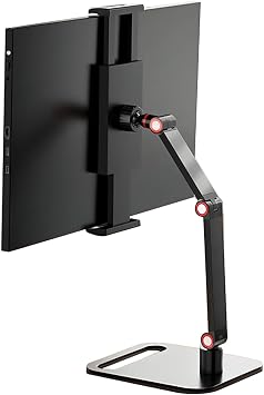Adjustable Phone and Tablet Stand, Black, Heavy Alloy Base, Triple Damping Shaft, 6-11 Inch Clamp Range, Desktop Display Mount with Self-Locking Spring Clips
