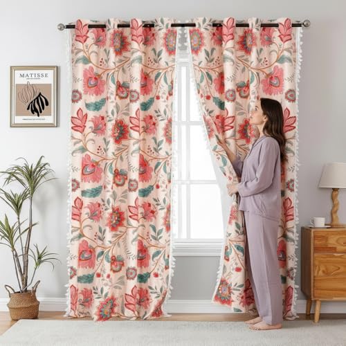 Image of Amazon Brand - Umi Bohemian Curtains for Window, Microfiber Cotton Curtain 5 Feet Long Pack of 2 Curtain with Tassels,Eyelets Included, 40-60% Room Darkening