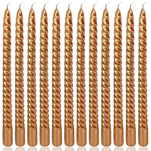 10 Inch Bronze Spiral Taper Candles Set for Holiday Decor, 12 Pack Unscented Twisted Candlesticks, Dripelss Thin Tapered Candles for Wedding Dinner Parties Galas Award Ceremonies Religious
