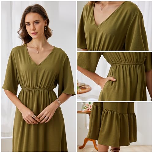 Image of Women's Summer Short Sleeve Maxi Floral Flowy Dresses with Pockets