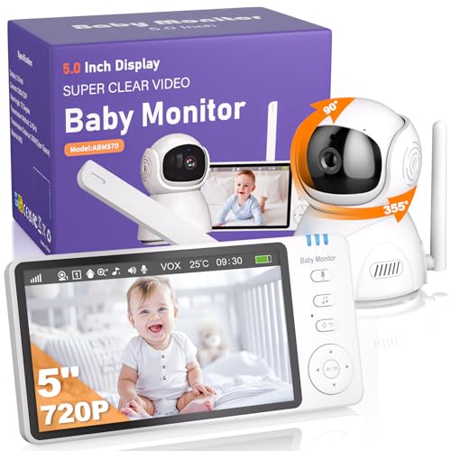 OBVHNUA Baby Monitor Video e Audio, Babyphone con Fotocamera da 5 Pollici 720P HD 2 x 4 x Zoom Digitale, Due Vie, Audio VOX, Visione Notturna, Monitoraggio della Temperatura