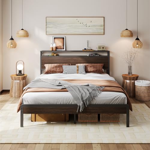LIKIMIO Queen Bed Frame with Headboard, Dark Wood Camas Queen with Strong Supports, Sturdy...