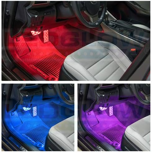 Footwell lighting in red, blue, and purple colors.