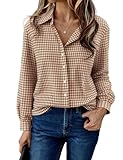 Aottori Camisa Cuadros Mujer Algodón Manga Larga Blusa Leñador con Botones Cuello en V Ropa Casual Clásica Elegante Elástica Shirt Oversize Sobrecamisa Marrón M