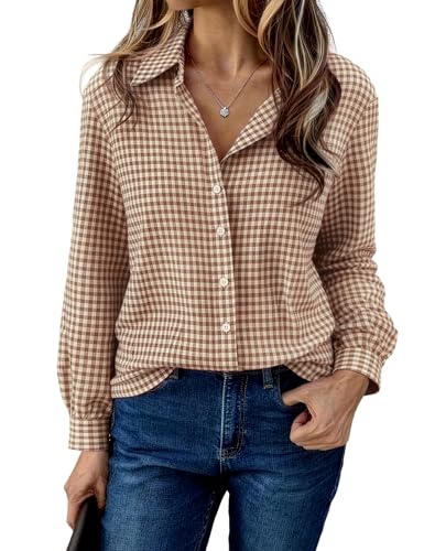 Aottori Karierte Bluse Damen Baumwolle Langarm Hemd Button Down V-Ausschnitt Blusen Elegant Casual Holzfäller Frauen Trachtenbluse Oktoberfest Braun L