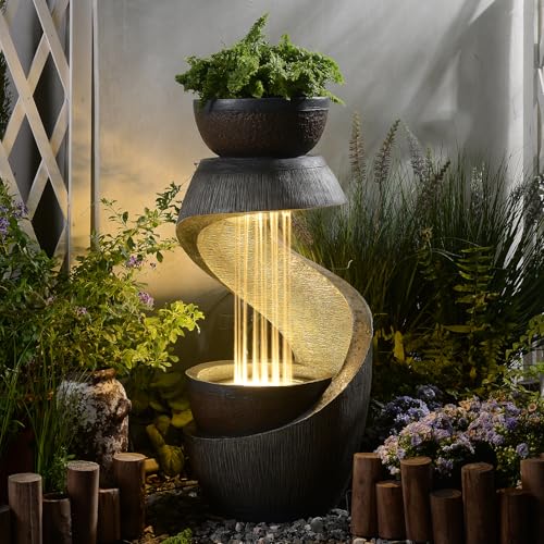 Bumilgar Fontaine de jardin moderne en résine avec lumières LED, 82 cm, fontaine d'extérieur en forme de S pour cour, balcon, décoration d'intérieur,...