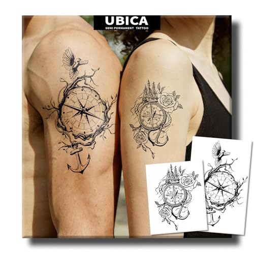 UBICA Semi Permanent Tattoos, 2 Sheets Large Realistic Compass Bird Anchor Rose Temporary Tattoos for Women Men Couple, 2 Weeks Wrist Arm Calf Fake Tattoos, Waterproof & Non-Reflective
