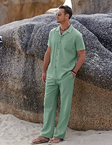 كوفاندي طقم قميص كاجوال فضفاض للرجال مكون من قطعتين للشاطئ بازرار سفلية, اخضر فاتح, XXL