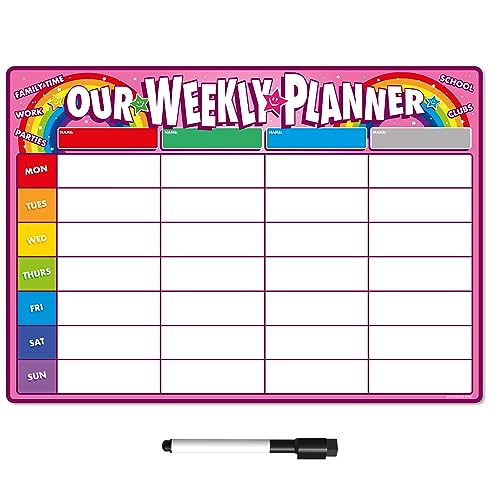 TMS - Agenda settimanale magnetica per frigorifero, realizzata nel Regno Unito, lavagna, promemoria, calendario o organizer per lavoro o pianificazione familiare (famiglia rosa, A4 (30 x 21 cm)
