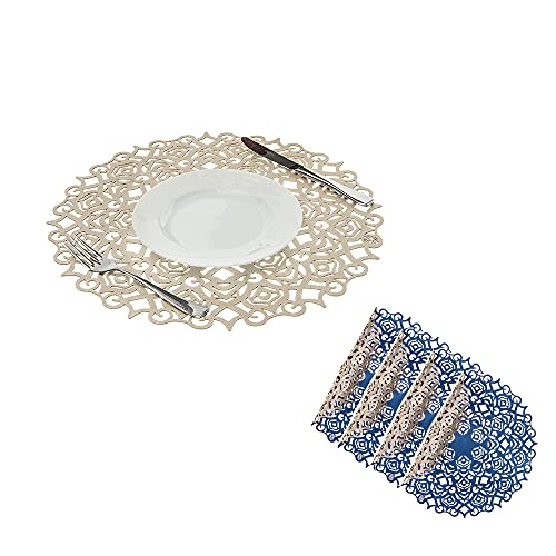 BLASANI Mijal Gleiser Double Sided Placemats Laser Cut Heat Resistant Non Slip Stain Resistant Set of 4 (Maya Collection Royal Blue-Champagne)