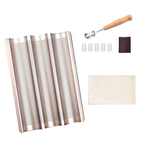 Baguette Baking Kit: 3-Groove Carbon Steel Pan with Lame & Proofing Cloth, Air Vented French Bread Tray for Homemade Artisan Loaves