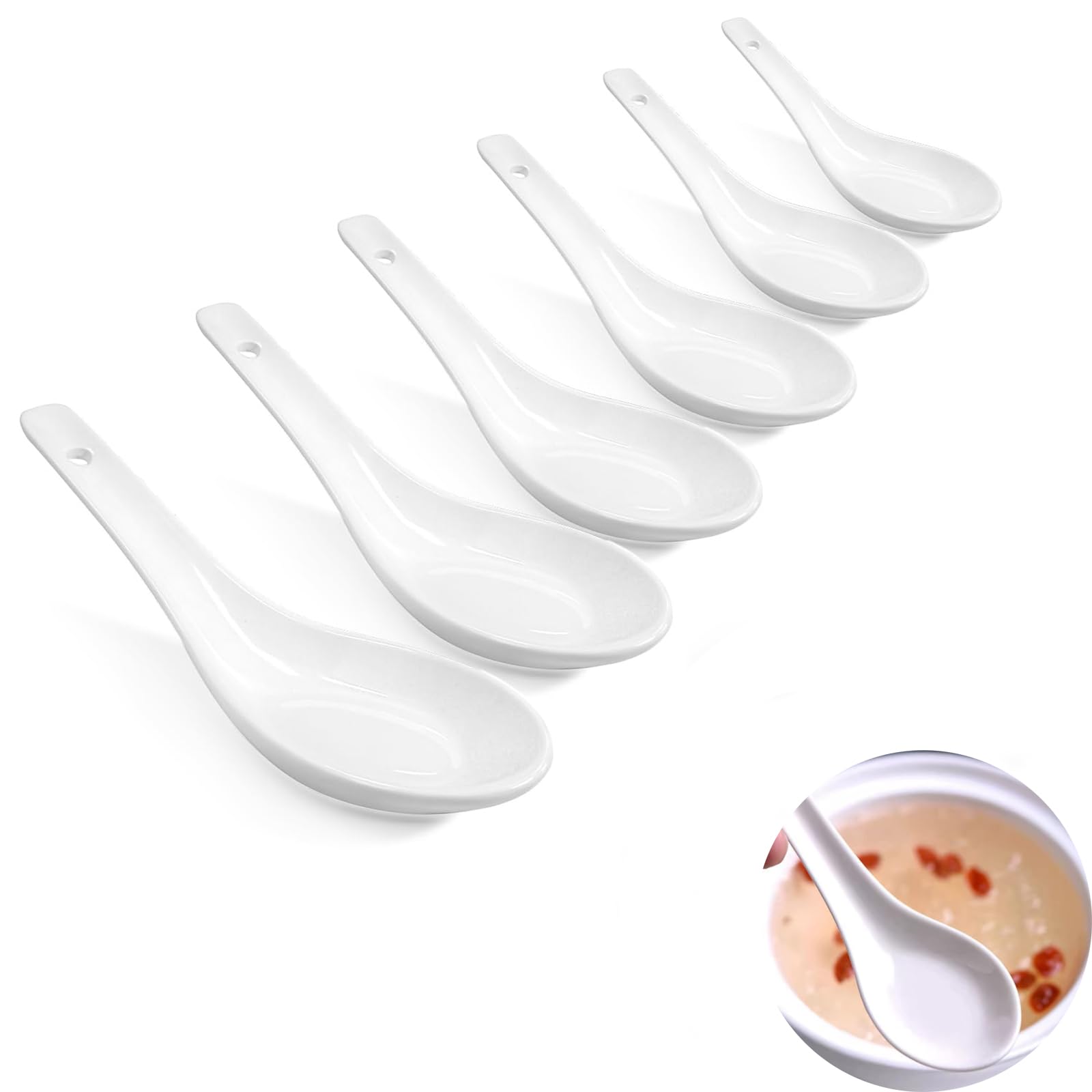 Yeenano Porcelain Soup Spoons,6 pcs Ceramic Chinese Soup Spoons,Chinese Won Ton Spoons Asian Soups Japanese Ramen Spoons,Porcelain Spoon Set for Rice Bowls,Ramen,Appetizers,Dim-Sum Spoons (White)