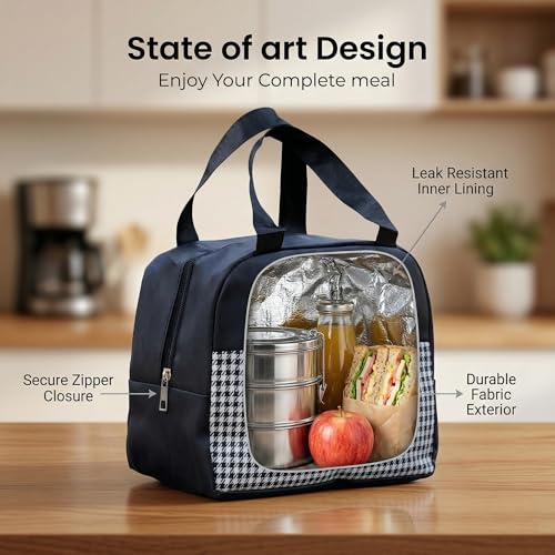 Image of The Earth Store DT Blace Check Insulated Lunch Bag for Office, Men, Women | Travel Tiffin Bag with Handle, Waterproof & Leakproof | Reusable Thermal Lunch Box Bags