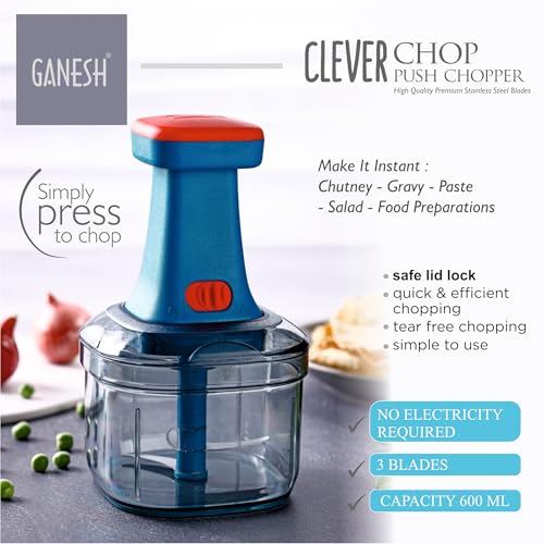Ganesh Clever Chop Push Chopper Manual Hand Press Push Chopper with 3 Blades for Effortless Chopping Vegetables & Fruits-600ML, Multicolor (Image - 6)