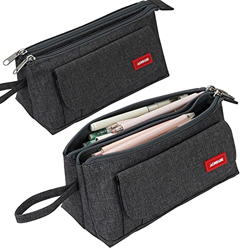 Pencil Case with TWO Large Compartments Pocket Big Capacity Pencil Pouch Holder Pen Case Makeup Bag School Supplies Office Stationery Storage Gift for High School Students Girl Boy Adult Teen (Gray)
