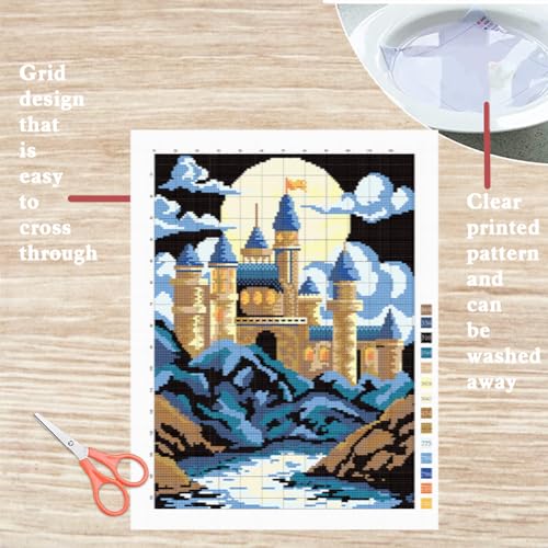 Image of FREEBLOSS DIY Cross Stitch Wall Painting Castle Pattern Cross Stitch Kit Home Wall Decor 11CT Cross Stitch Starter Kit with Instruction Stamped Cross Stitch Counted Kit for Beginners, 28 * 38cm