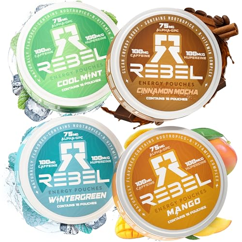 Rebel Nootropic Energy Caffeine Pouches (Variety 4-Pack) • 100mg Caffeine • Alpha GPC •...