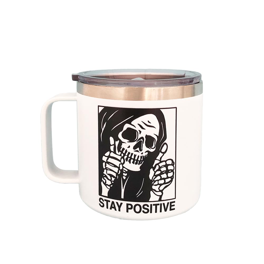 EXIGENT Funny Stay Positive Skull Coffee Tea Cup Mug Collectible 14Oz Ounces Birthday Gifts Decorations SKULL