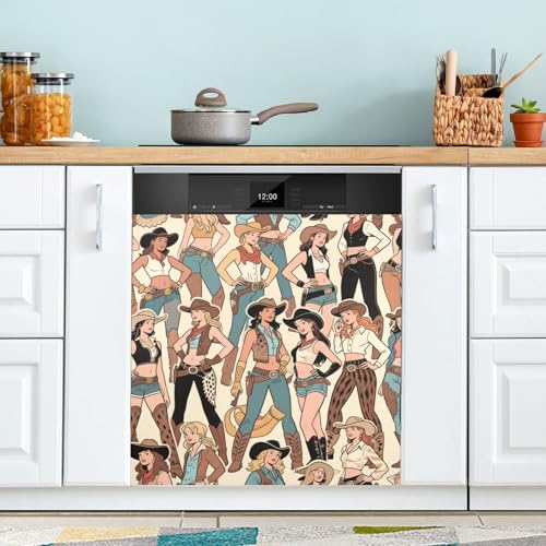 Cubierta magnética para lavavajillas, diseño retro de vaca occidental, color beige, para lavavajillas, reutilizable, decoración de vacaciones, 23 x 26 pulgadas