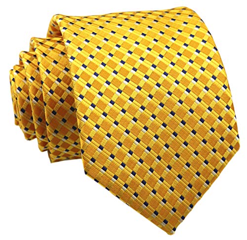 Mens Yellow Gold Navy Blue Geometry Gingham Woven Silk Ties Regular Soft Big Boys Neckties