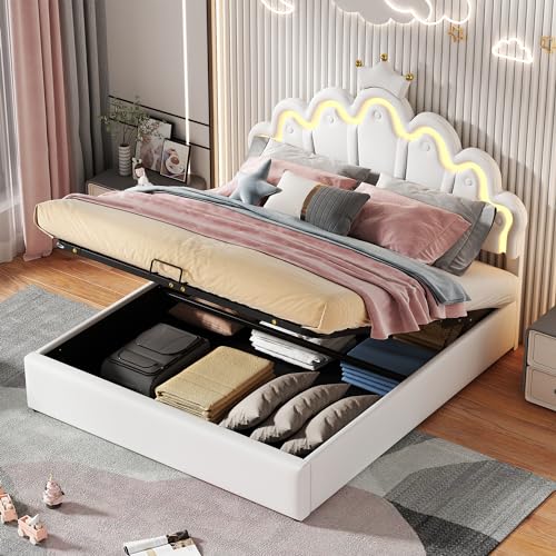 Zravenna Bett Prinzessinnen 140x200 cm Weiß, Polsterbett mit Bettkasten Boxspringbett, Bett für Jugendliche Mädchen, Tragfähigkeit 250 kg Ohne Matratze, Doppelbett mit höheverstellbarem Kopfteil