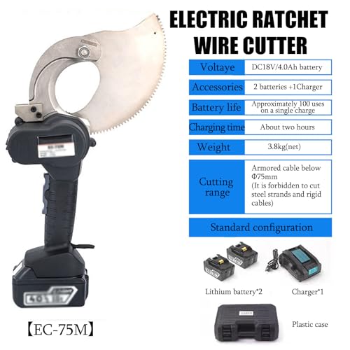 Cortador de cables eléctrico hidráulico inalámbrico con 2 baterías y cargador, herramienta de corte profesional alimentada por pilas para cables de aluminio y cobre
