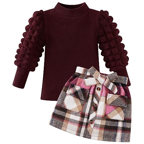 Toddler Baby Girl Clothes Cute Fall Outfits Casual Skirt Set Solid Turtleneck Knit Tops Plaid Mini Skirt 2Pcs Outfit