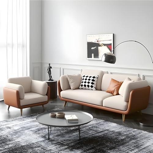 Image of Velvet Contemperory Sofa with Cushion Chaise Lounge Sectional Sofa Perfect for Living Room & Bedroom Guests Home & Office (Leathrate Brown & Beige, 3+1)