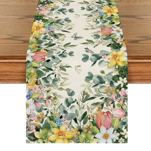 Artoid Mode Bloom Flowers Eucalyptus 210 GSM Spring Table Runner, Seasonal Summer Kitchen Dining Table Decoration for Home Party Decor 13x72 Inch