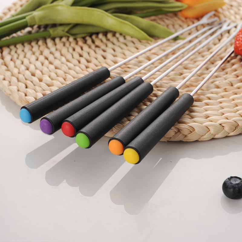 Forchette per fonduta in acciaio inox 24 cm colorate manico plastica