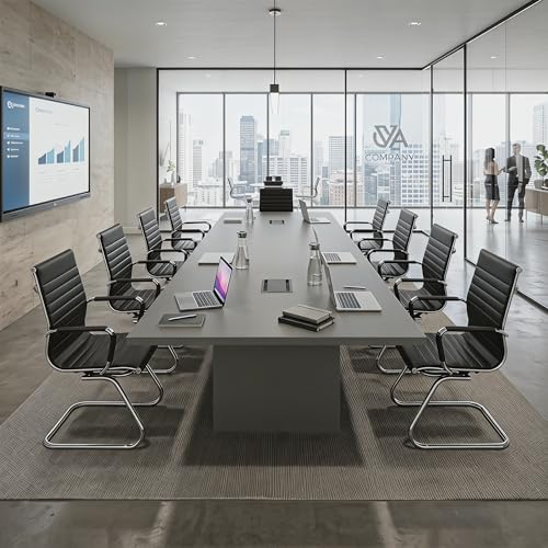 Image of HNY Leather Office Guest Chairs & Reception Chairs Set of 8, Modern Waiting Room Chairs with Arms, Desk Chair no Wheels with Sled Base for Waiting Room /Conference Room, Black