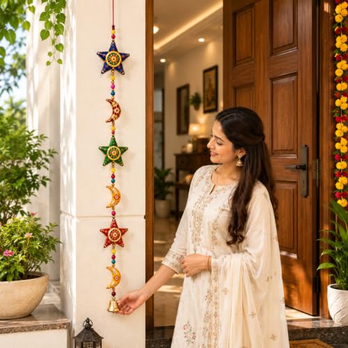 Image of Bindian Toran for Main Door, Decorative Door Thoranam Hanging, Diwali Decoration for Home Entrance, Wall Decor Hanging Ornament, Traditional Festive Welcome Decor for House (Star Moon Pack of 2)