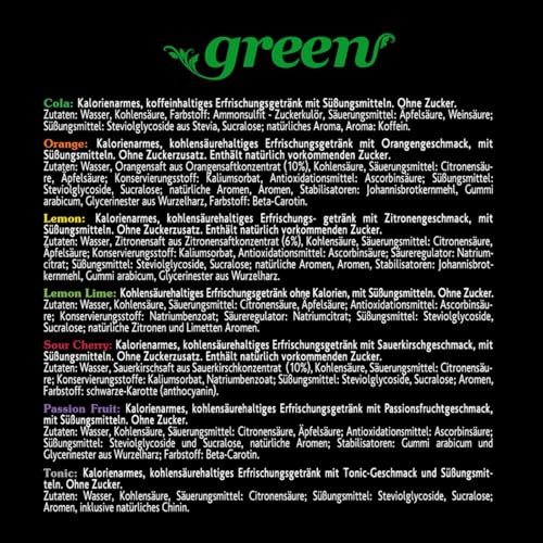 Green Limited Edition Probierpaket – 6x500ml PET – Zuckerfrei, Ohne Aspartam – Cola, Orange, Sour Cherry, Passion Fruit, Lemon, Lemon Lime – Das Zero Sugar Testpaket