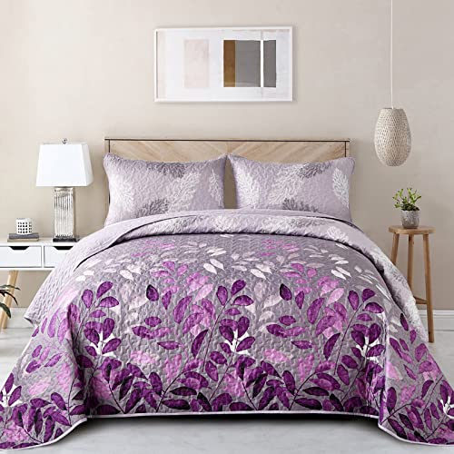 Juego de edredón Floral Morado, tamaño Queen, Juego de Colcha de 3 Piezas con Hojas botancales con 2 Fundas de Almohada para Todas Las Estaciones, Juego de Ropa de Cama Floral de Microfibra Suave de
