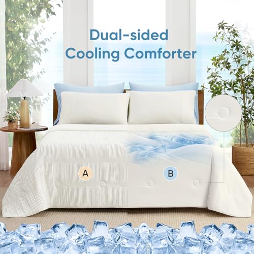 Image of Snuggle Sac Cooling Comforter Queen Size - Q-Max 0.43 Striped Cooling Blanket for Hot Sleepers &Night Sweats, Light Breathable Summer Blanket, Reversible Dual-Sided Silk-Smooth, 90x90 Inches, White