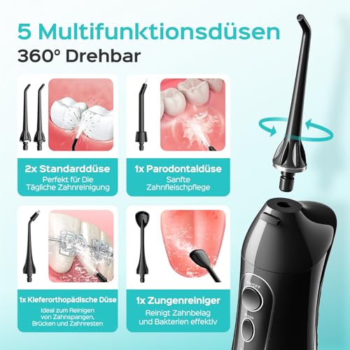 COSLUS Munddusche Kabellos Trragba Elektrische C20(F5020E): 300ML WassertankTestsieger 2026 IPX7 Wasserdicht für Oral Health Enthusiasten Tägliche Tiefenreinigung Reinigung 5 Multifunktionale Jet-Tipp
