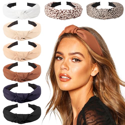 Image of DRESHOW 8 Pack Knotted Headbands for Women Wide Turban Headband Yoga Exercise Ribbing Hair Hoop Hair Bands Accessories