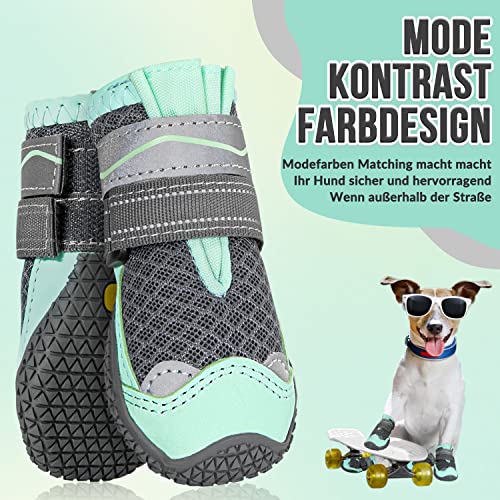 Eyein Hundeschuhe Pfotenschutz, 2 Stück atmungsaktiv Hundeschuhe mit Rutschfester Sohle und reflektierendem Klettverschluss für kleine, mittlere und große Hunde, Sport im Freien, Grün, Größe 4