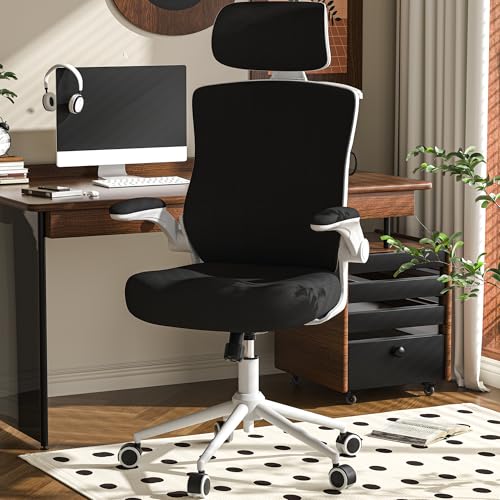FOKESUN Ergonomischer Bürostuhl mit Verstellbarer Kopfstütze & Lendenstütze – Hochlehner Mesh-Schreibtischstuhl mit Schaumstoff-Sitz, Kleiderbügel & Verriegelungsfunktion (Schwarz mit weißem Rahmen)