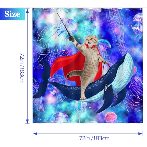Image of Aimego Funny Cat Shower Curtains - Cute Cat Riding Whale Shark on Space Galaxy Fantasy Jellyfish Fun Shower Curtain Set with 12 Hooks for Adults Kids Bathroom Decor Accessories, 72 inchx72 inch