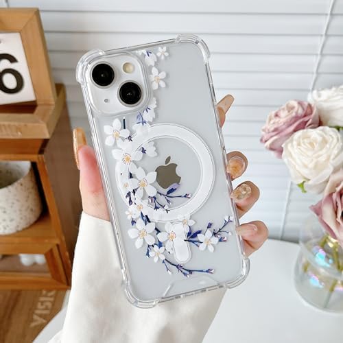 DEFBSC Magnetic for iPhone 15 Case [Compatible with Magsafe], Clear Floral Flower Print Design Soft TPU Bumper Protective Flower Phone Case for iPhone 15 - Purple Peony